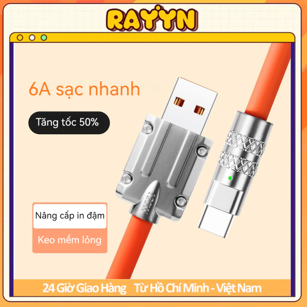 Dây Cáp Sạc Nhanh 120W 6A Bằng Hợp Kim Kẽm Và Silicon Cho type-C