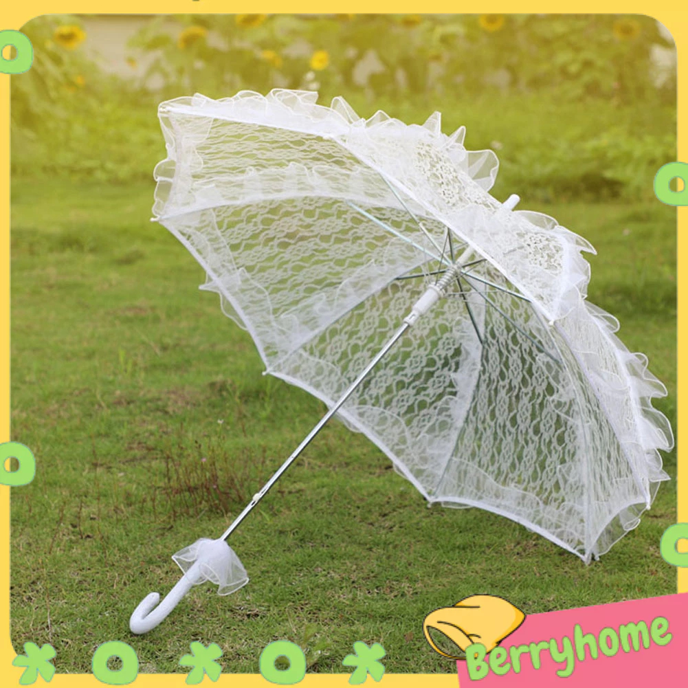Trắng Mini Cô Dâu Ren Ô Dù Cưới Tiếp Liệu Tiệc Sân Khấu Chụp Ảnh Chống Đỡ BerryHome~