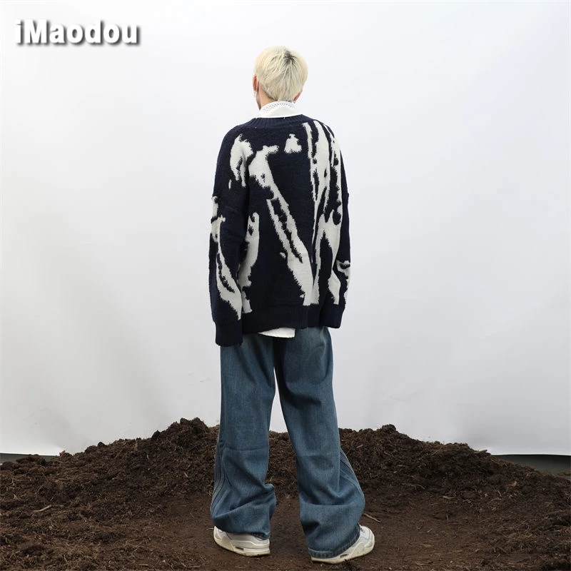 IMaodou Áo Khoác cardigan Cổ Chữ v Dáng Rộng Màu Sắc Tương Phản Phong Cách hip hop Thời Trang Thu Đông Cho Nam