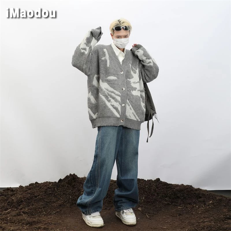 IMaodou Áo Khoác cardigan Cổ Chữ v Dáng Rộng Màu Sắc Tương Phản Phong Cách hip hop Thời Trang Thu Đông Cho Nam