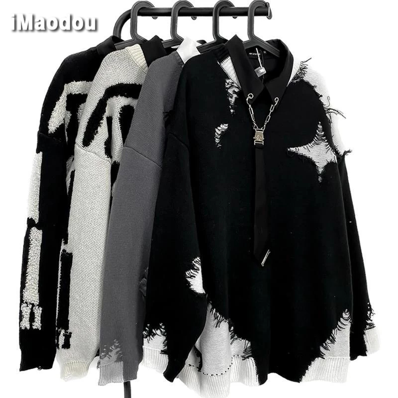 IMaodou Áo Khoác sweater Dệt Kim Phối Màu Sắc Tương Phản Phong Cách retro Mỹ Cho Nam Giới