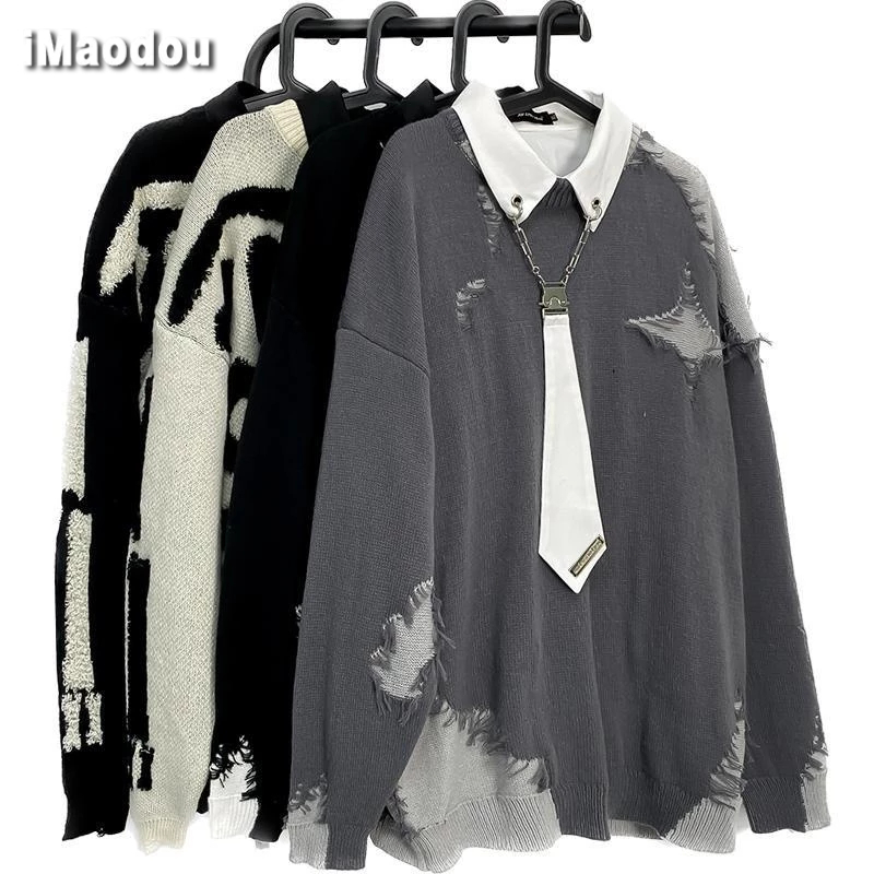 IMaodou Áo Khoác sweater Dệt Kim Phối Màu Sắc Tương Phản Phong Cách retro Mỹ Cho Nam Giới