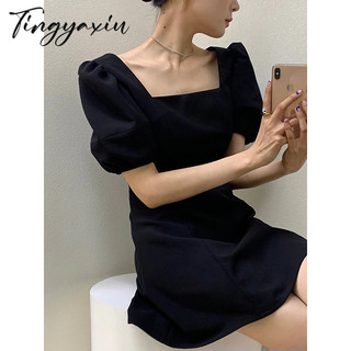 TINGYAXIU  Đầm Đen Tay Phồng Cổ Vuông Thời Trang Mùa Hè Cho Nữ