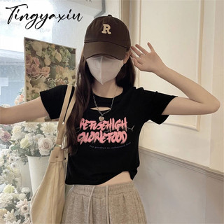 TINGYAXIU Áo Thun Nữ Ngắn Tay Cổ Tròn In Chữ Thời Trang