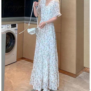 TINGYAXIU Đầm chiffon Tay Loe Cổ Chữ V In Họa Tiết Hoa Phong Cách Hàn Quốc