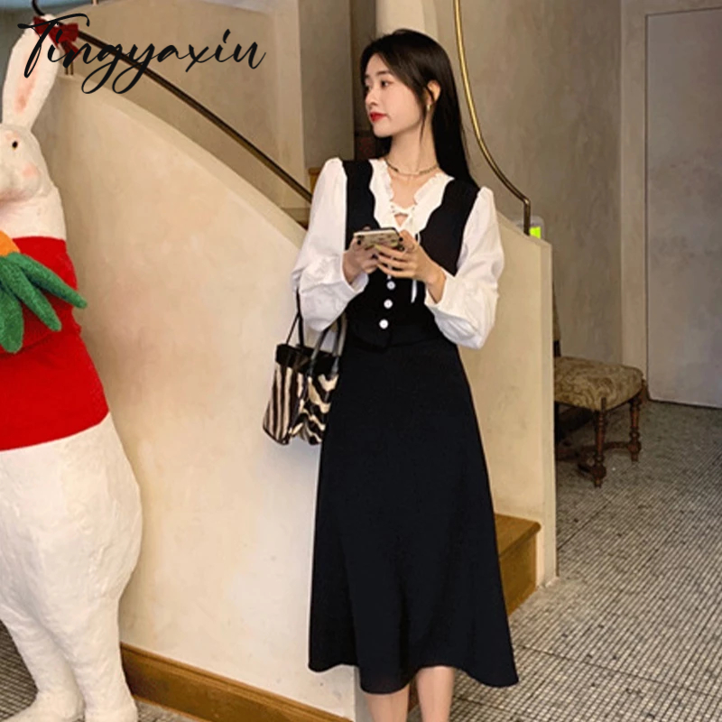 TINGYAXIU Đầm Giả Hai Mảnh Thiết Kế Thắt Dây Phong Cách Pháp Thanh Lịch Thời Trang Xuân Thu Dành Cho Bạn Nữ