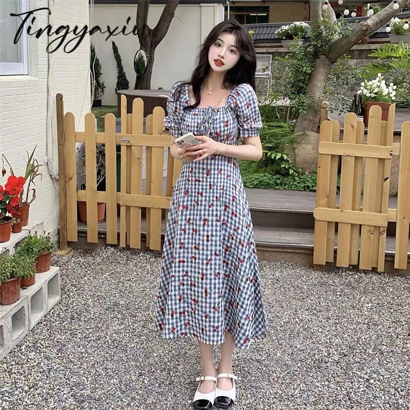 TINGYAXIU Đầm Hoa Cổ Vuông Nhấn Eo Phong Cách Retro Pháp Thời Trang Hè 2023 Cho Nữ