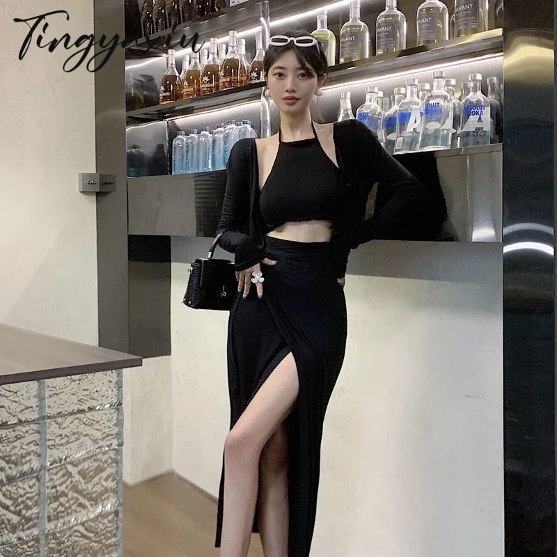 TINGYAXIU Set Áo Croptop + Chân Váy Xẻ Tà Phong Cách Hàn Quốc Thời Trang Mùa Hè Mới Cho Nữ