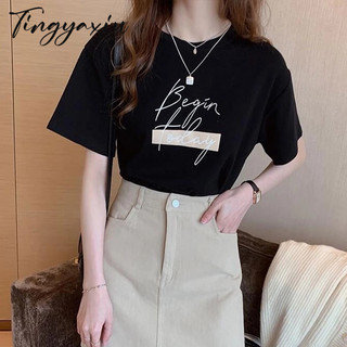 TINGYAXIU Áo Thun Nữ Ngắn Tay In Chữ Phong Cách Hàn Quốc Năng Động