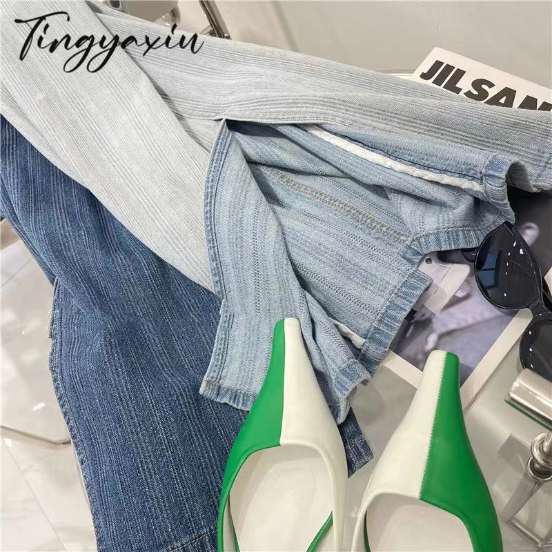 TINGYAXIU Chân váy jean Lưng Cao Dáng Rộng Xẻ Tà Thời Trang Mùa Hè Cho Nữ