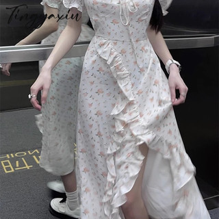 TINGYAXIU Đầm Hoa Tay Ngắn Phối Bèo Nhún Thiết Kế Xẻ Tà Độc Đáo Thời Trang Mùa Hè Xinh Xắn Cho Nữ