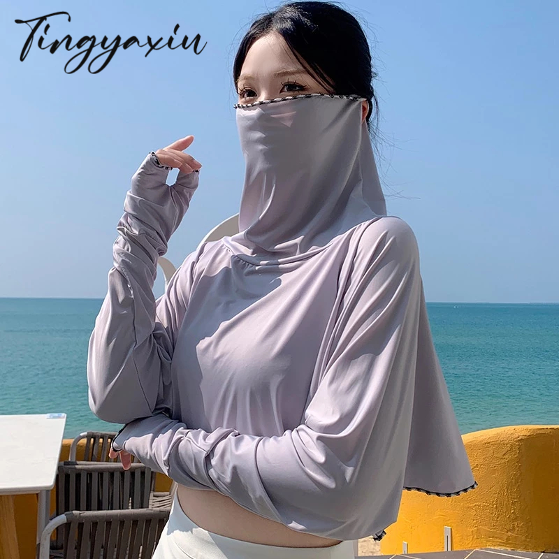 TINGYAXIU Áo Khoác Chống Nắng Chống Tia Cực Tím Tay Dài Có Mũ Trùm Bằng Vải Lụa Mát Dành Cho Bạn Nữ Mang Đi Du Lịch Ngoài Trời
