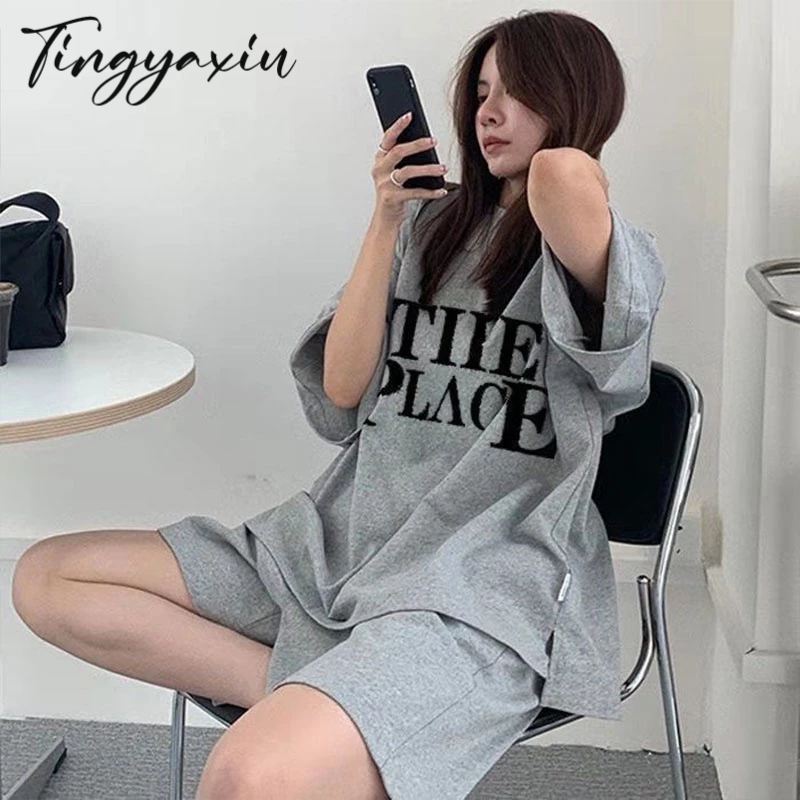 TINGYAXIU Set Đồ Thể Thao Ngắn Tay Form Rộng Phong Cách Hàn Quốc 2023 Cho Nữ