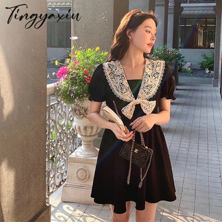 TINGYAXIU Đầm Đen Cổ Búp Bê Phong Cách vintage Thời Trang Mùa Hè Cho Nữ