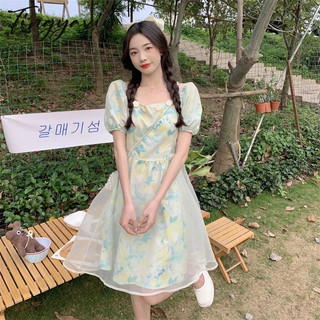 TINGYAXIU Đầm Ngắn Tay Phồng Cổ Vuông In Hoa Thời Trang Xuân Hè Dành Cho Nữ