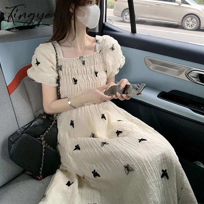 TINGYAXIU Đầm Ôm Eo Cổ Vuông In Họa Tiết Hoa & Bướm Phong Cách Hàn Quốc Thời Trang Cho Nữ 2023