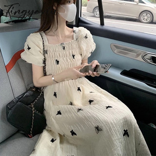 TINGYAXIU Đầm Ôm Eo Cổ Vuông In Họa Tiết Hoa & Bướm Phong Cách Hàn Quốc Thời Trang Cho Nữ 2023