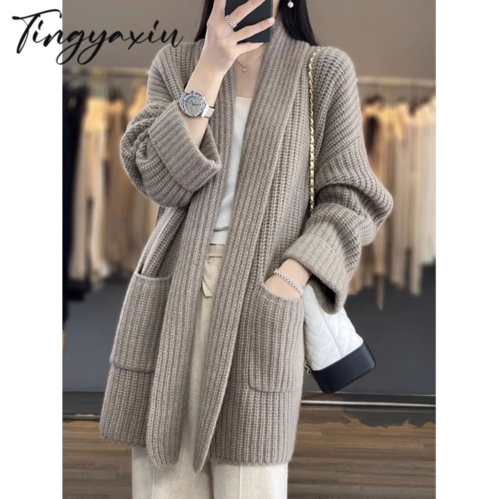 TINGYAXIU Áo Khoác cardigan Cổ Chữ v Phong Cách retro Hàn Quốc Thời Trang Mùa Thu 2023 Dành Cho Nữ