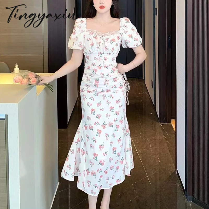 TINGYAXIU Đầm Cổ Vuông Tay Phồng Ôm Dáng Thời Trang Mới 2023 Cho Nữ