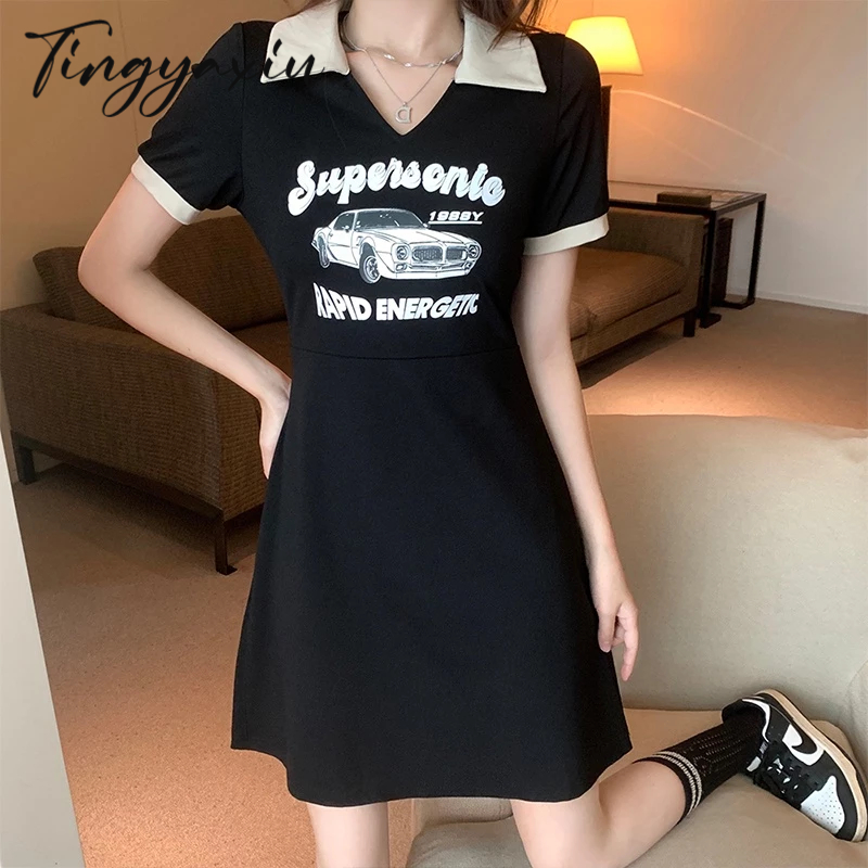 TINGYAXIU Đầm Thun Đen In Họa Tiết Thời Trang Cho Nữ