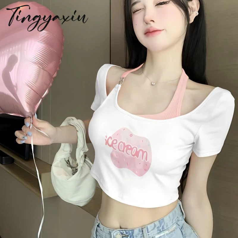 TINGYAXIU Áo Thun Ngắn Tay Giả Hai Lớp In Họa Tiết Dễ Thương Thời Trang Mùa Hè Cho Nữ