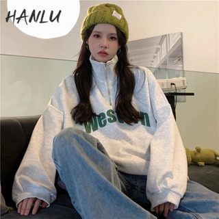 Áo khoác sweater HANLU cổ lọ polo tay dài nửa dây kéo dáng rộng cho nữ