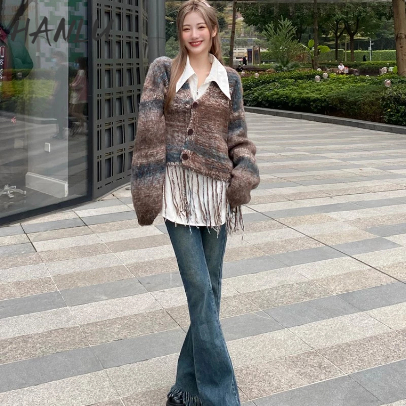 Áo khoác cardigan HANLU dệt kim cổ chữ V phối tua rua độc đáo thời trang cho nữ