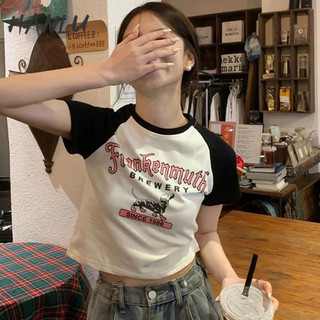 HANLU Áo Thun Cotton Tay Ngắn Raglan Màu Sắc Tương Phản Phong Cách Retro Dành Cho Nữ