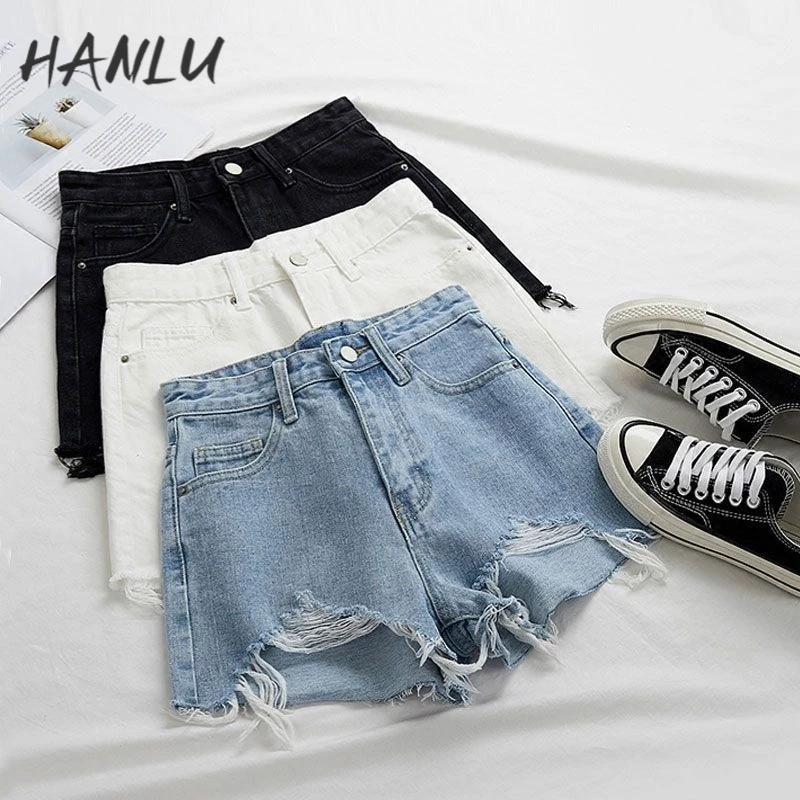 HANLU Quần Short Jean Lưng Cao Ống Rộng Rách Gối Phong Cách Mới Cho Nữ