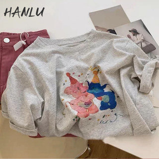 Áo thun cotton HANLU ngắn tay dáng rộng in họa tiết thời trang cho nữ