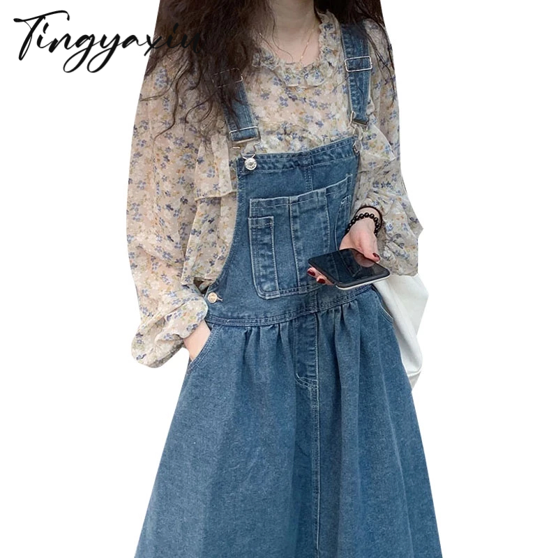 Đầm yếm TING YA XIU vải denim dáng rộng thời trang cá tính cho nữ