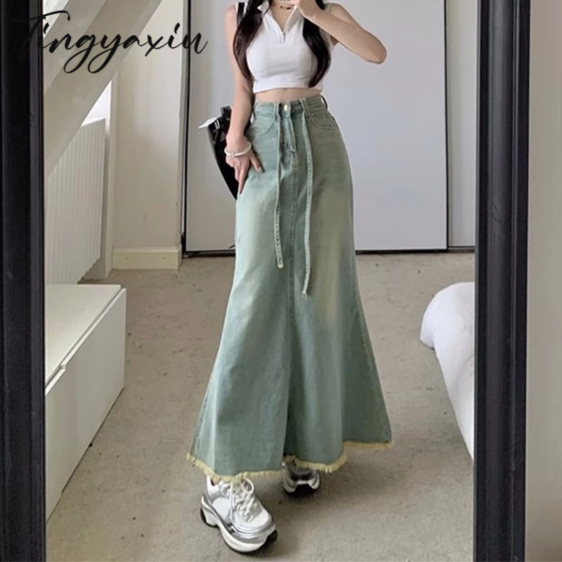 TINGYAXIU Chân váy jean Dài Lưng Cao Phong Cách Hàn Quốc Mới