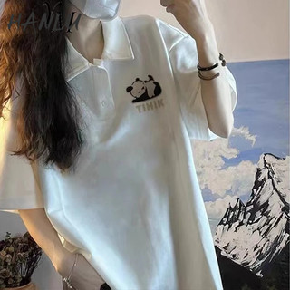 HANLU Áo Thun cotton Ngắn Tay Cổ Bẻ Form Rộng Phong Cách retro Mỹ Cho Nữ