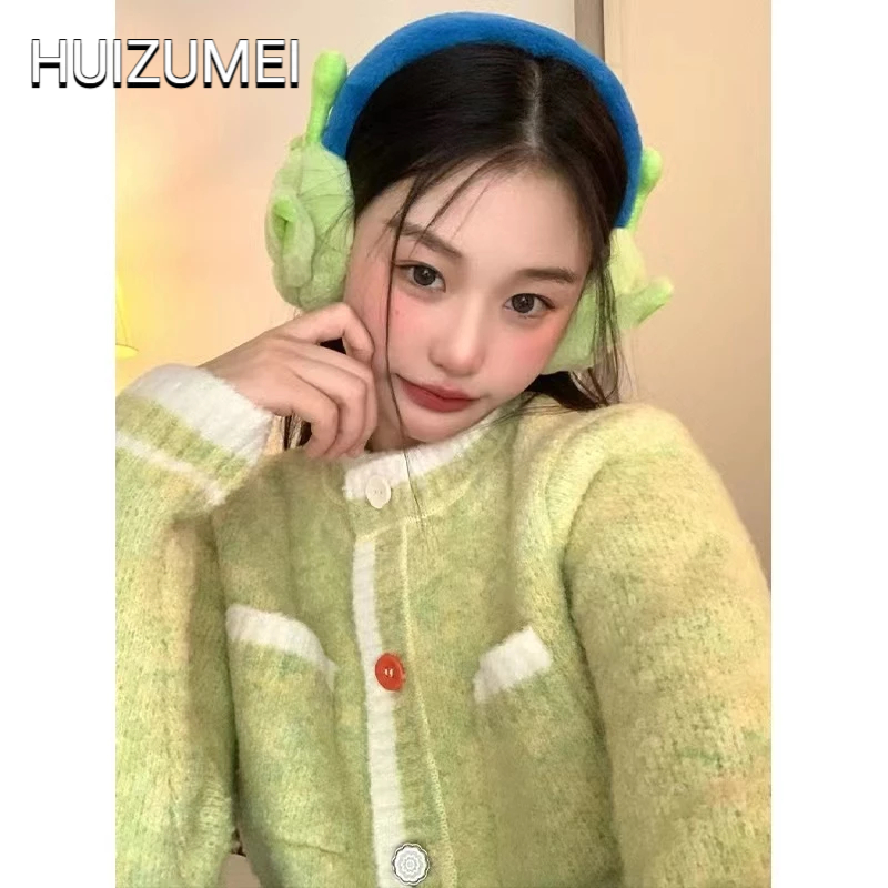 HUIZUMEI Áo Khoác cardigan Dài Tay Dáng Rộng Dày Dặn Màu Xanh Lá Phong Cách retro Dành Cho Nữ ins
