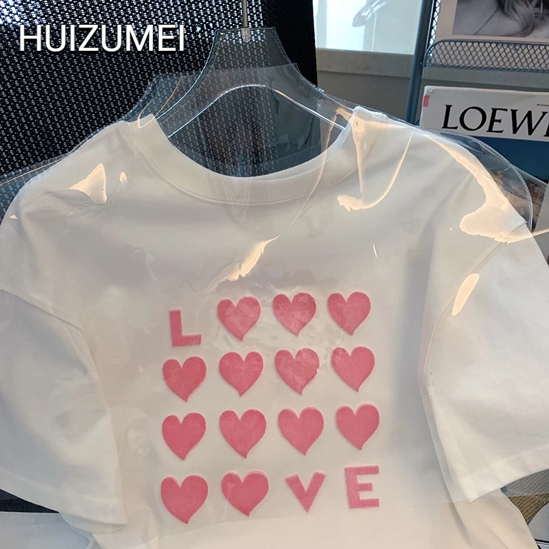 HUIZUMEI Áo Thun Nữ Ngắn Tay Cổ Tròn Thêu Hình Trái Tim + Quần short Mới