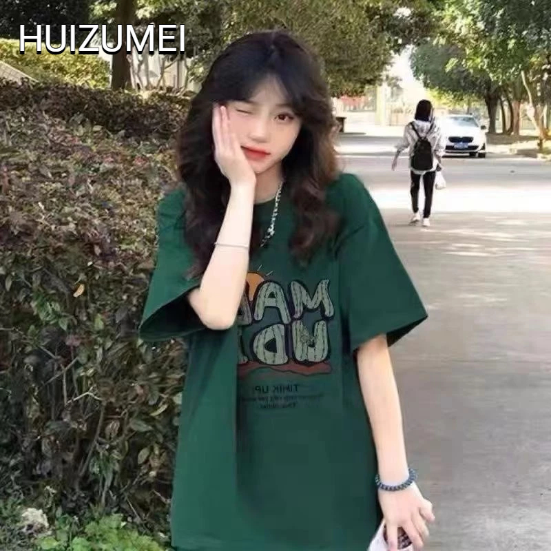 HUIZUMEI Áo Thun 100% cotton Màu Xanh Lá Đậm Tay Ngắn Dáng Rộng Phong Cách Hàn Quốc Cho Nữ