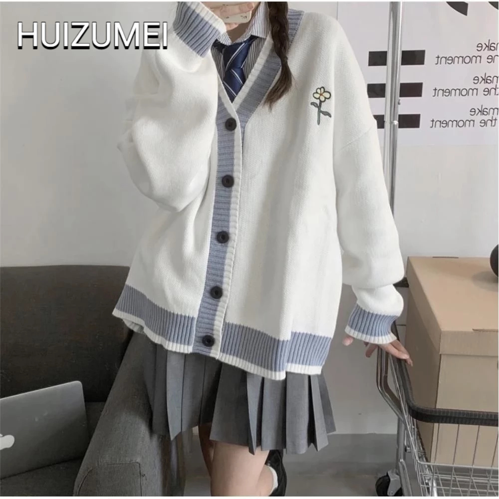 HUIZUMEI Áo Khoác sweater Dáng Rộng Cổ Chữ v Dễ Phối Đồ Phong Cách Hàn Quốc Dành Cho Nữ Sinh