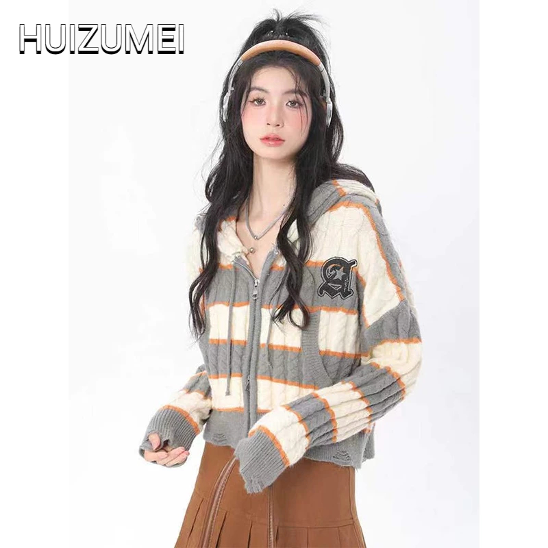 HUIZUMEI Áo Khoác sweater Có Mũ Trùm Kẻ Sọc Phong Cách retro Mỹ Thiết Kế Dáng Ngắn Hợp Thời Trang Cho Nữ