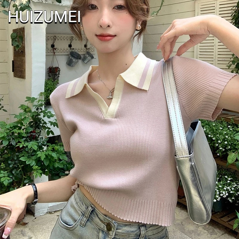 HUIZUMEI Áo polo Dệt Kim Tay Ngắn Dáng Ôm Thời Trang Cho Nữ
