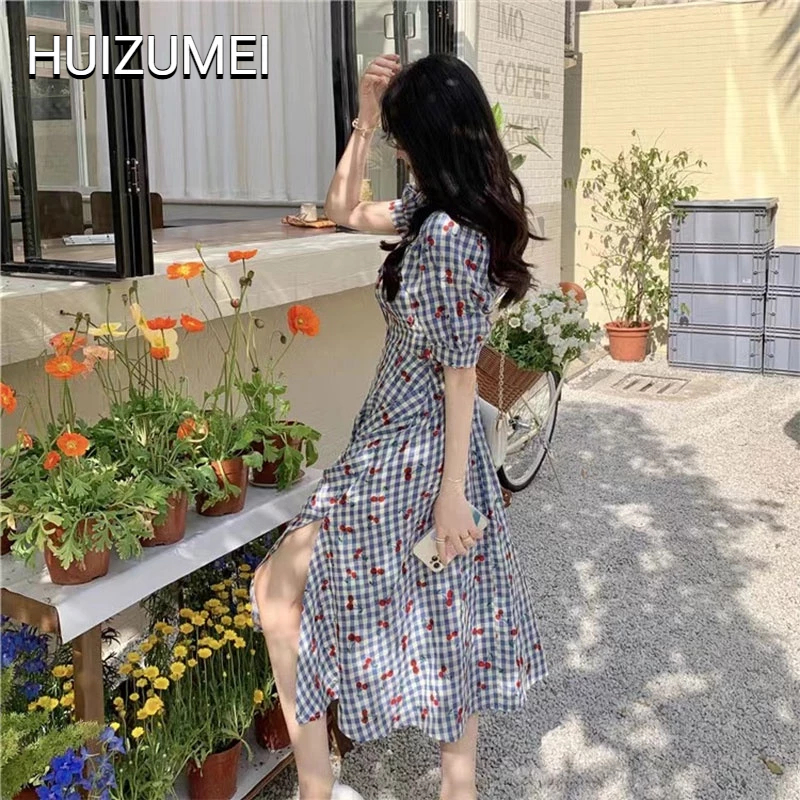 HUIZUMEI Đầm Hoa Cổ Vuông Nhấn Eo Phong Cách Retro Pháp Ngọt Ngào