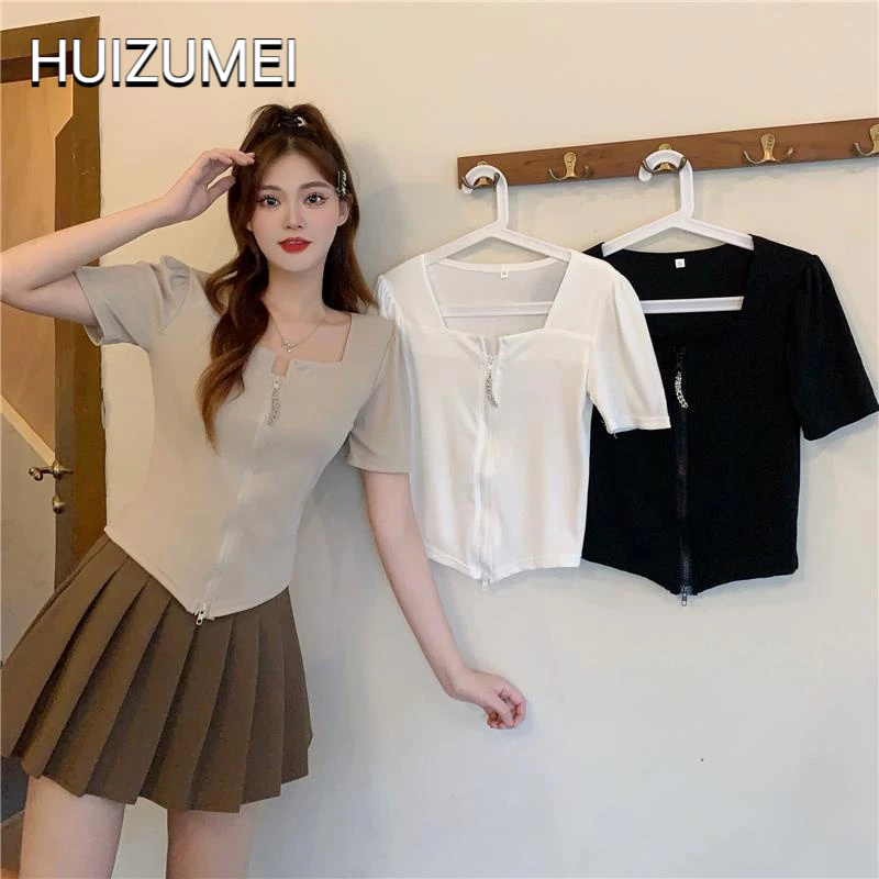 HUIZUMEI Áo Thun Tay Ngắn Cổ Vuông Có Khóa Kéo Phong Cách Pháp Thời Trang Cho Nữ