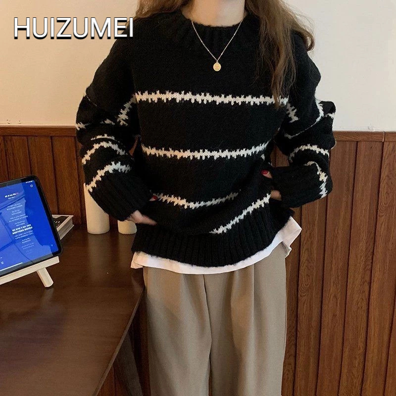 HUIZUMEI Áo Dệt Kim Chui Đầu Tay Dài Cổ Lọ Dày Dặn Họa Tiết Kẻ Sọc Thời Trang 2022 Cho Nữ