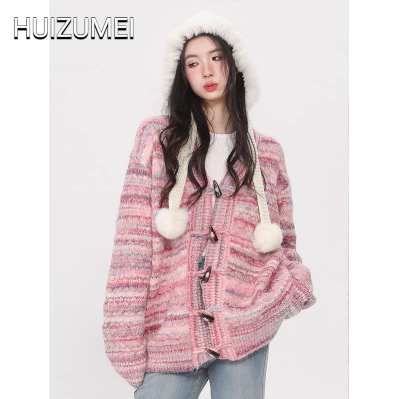 HUIZUMEI Áo Khoác cardigan Dệt Kim Dáng Rộng Cài Nút Sừng Thời Trang Mùa Thu Ngọt Ngào Cho Nữ