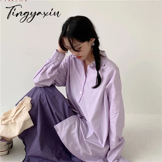 Tingyaxiu áo sơ mi tay dài dáng rộng màu trơn phong cách hàn quốc thời trang cho nữ
