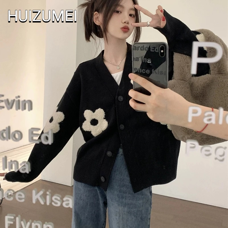 HUIZUMEI Áo Khoác cardigan Dệt Kim Mỏng Ba Chiều Cổ Chữ V