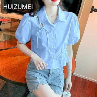 HUIZUMEI Áo Kiểu Tay Phồng Ngắn Phối Nơ Thời Trang Hàn Quốc Xinh Xắn Cho Nữ