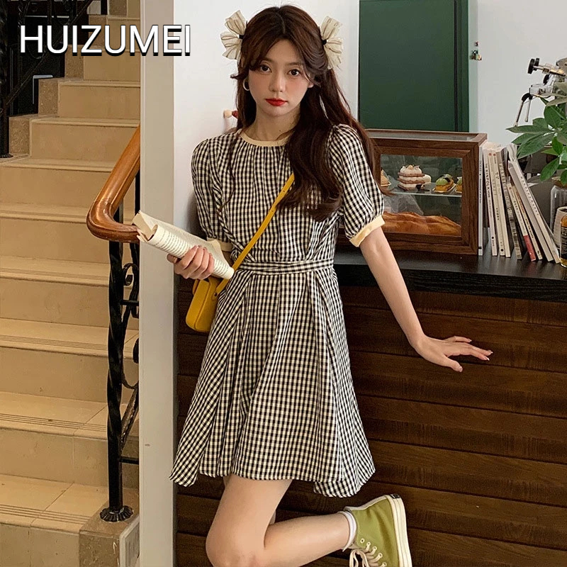 HUIZUMEI Đầm Hai Dây Họa Tiết Sọc Caro Phong Cách Hàn Quốc Cho Nữ