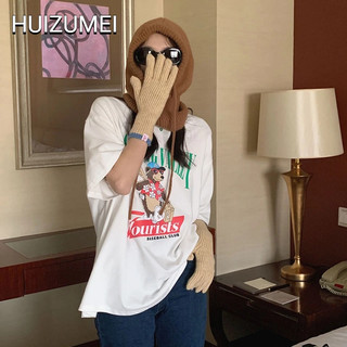 HUIZUMEI Áo Thun cotton Ngắn Tay Dáng Rộng In Chữ Và Hoạt Hình Dễ Thương Cho Nữ