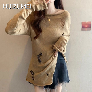 HUIZUMEI Áo Sweater Dệt Kim Mỏng Tay Dài Dáng Rộng Xẻ Tà Chống Nắng Màu Xám Thiết Kế Rỗng Cho Nữ