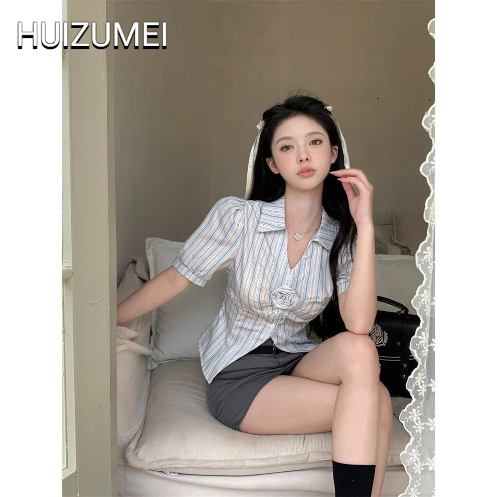 HUIZUMEI Áo Sơ Mi Ba Chiều Tay Ngắn Kẻ Sọc Họa Tiết Hoa Phong Cách Hàn Quốc Sang Trọng Ngọt Ngào Cho Nữ